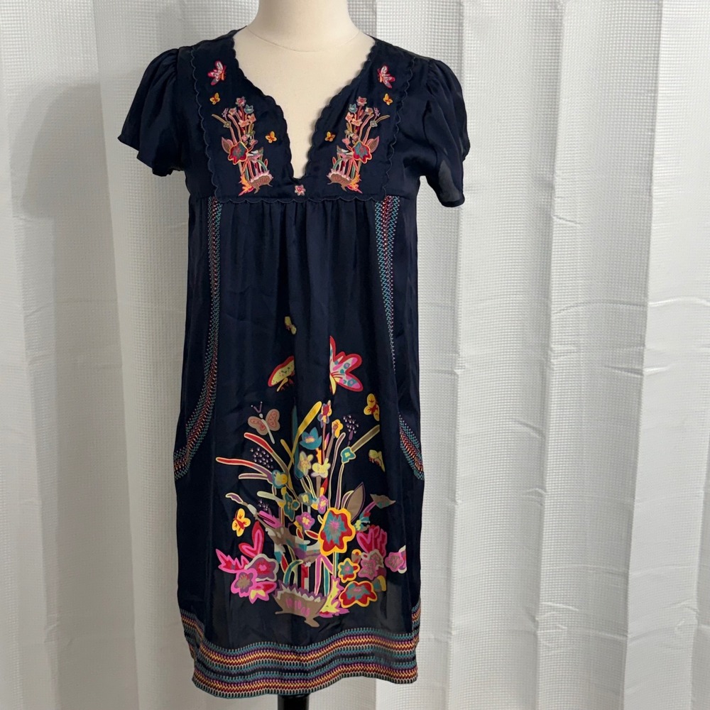 Habat Women's Cap Sleeve Vibrant Folk Floral Embroidery Mini Dress